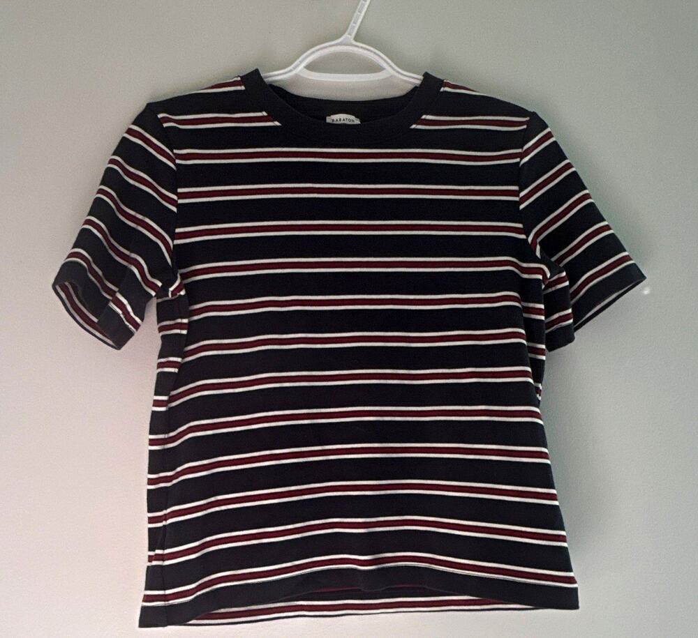 Babaton Women’s Navy Red White Striped Crew Neck Short Sleeve T-Shirt S Aritzia